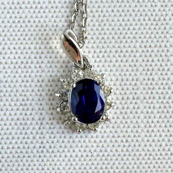 Silver-Tone Necklace With Blue Faceted Glass Rhinestone Pendant & Clear Rhinesto - Picture 2 of 8
